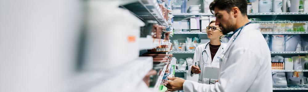 Healthcare professionals checking medicine stock