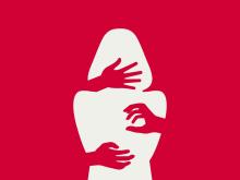 An illustration of a silhouette of a woman being touched by hands. The woman is represented by a white cutout, while the rest of the image and the hands are deep red.