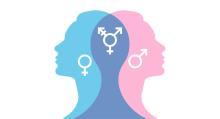 A graphic of two heads combining. One is pink witht eh feamle symbol and one is blue with the male sex symbol. Their heads meet and the intersection is a kind of dark blue. Both the male, female and non-binary symbols are represented here.
