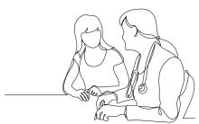 A line drawing of a doctor and a patient
