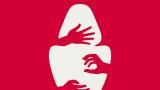 An illustration of a silhouette of a woman being touched by hands. The woman is represented by a white cutout, while the rest of the image and the hands are deep red.