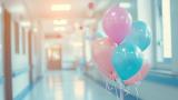 A hospital corridor with a collection of balloons at the forefront of the image. They are pink, blue and purple.