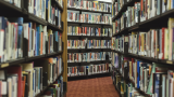 Two rows of books in a library