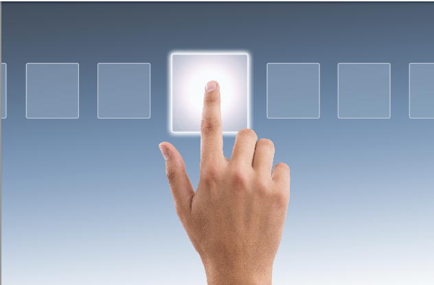 Six squares, one is lit up with a finger touching it.