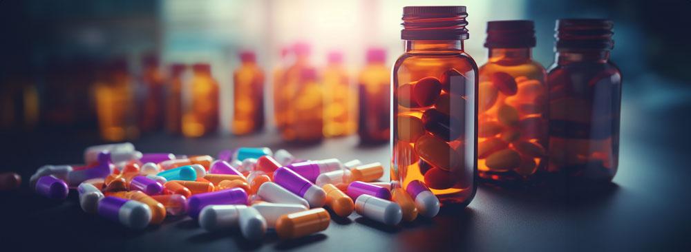 Several bottles filled with pills.