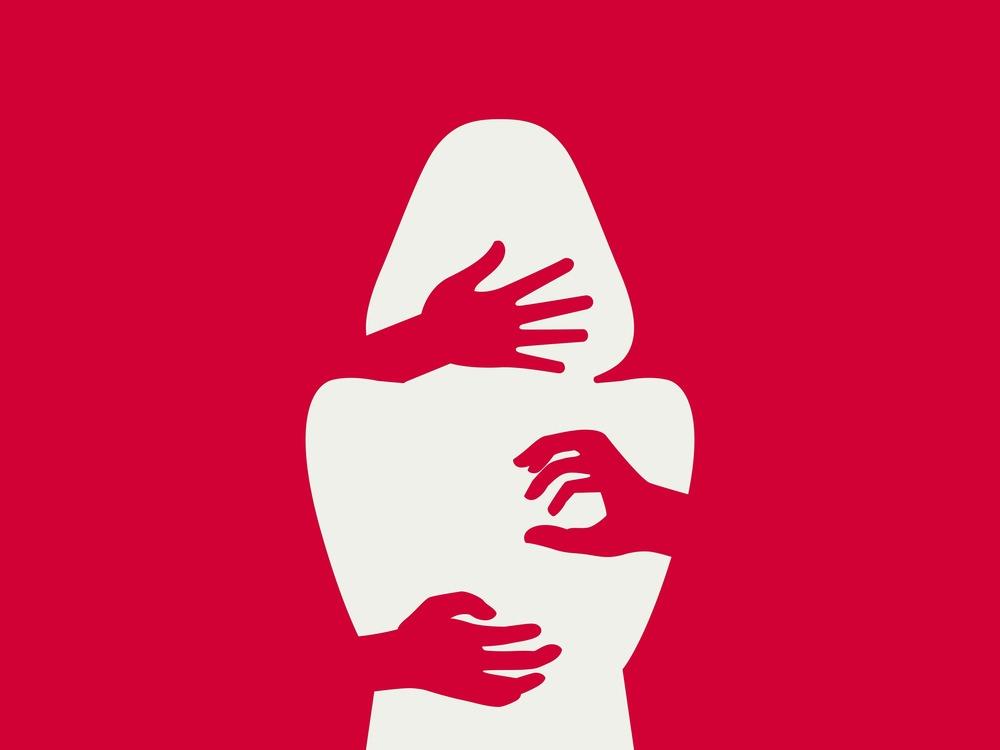 An illustration of a silhouette of a woman being touched by hands. The woman is represented by a white cutout, while the rest of the image and the hands are deep red.