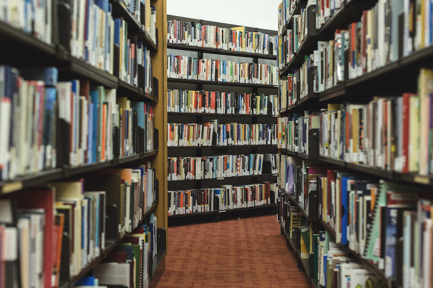 Two rows of books in a library