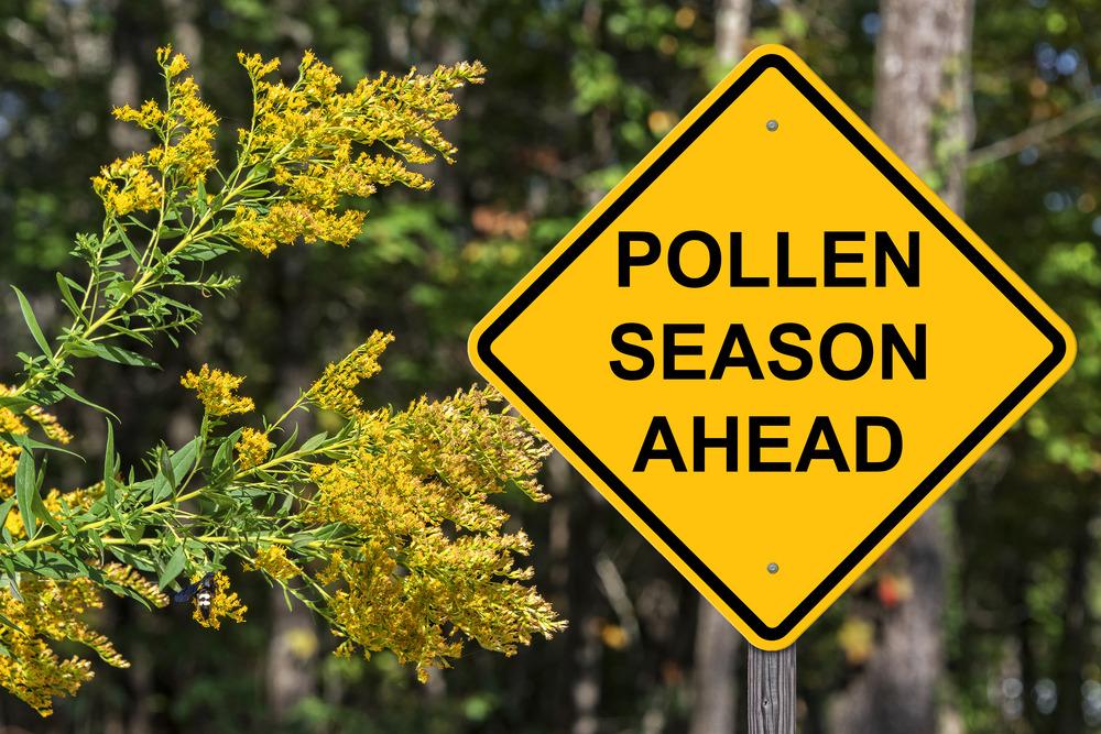 A sign saying 'Pollen season ahead' surrounded by flowers.
