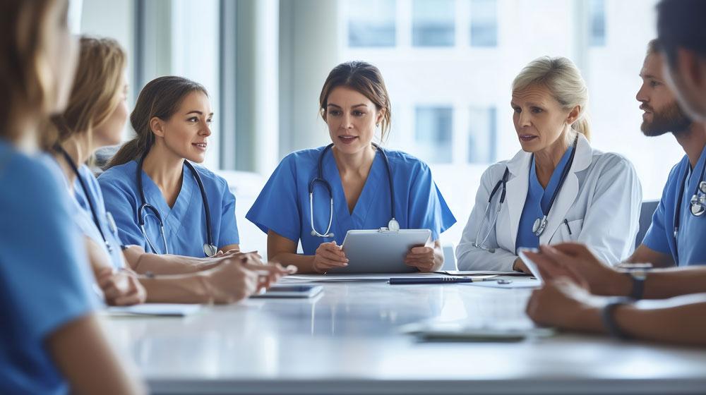 Doctors and nurses around a table having a meeting