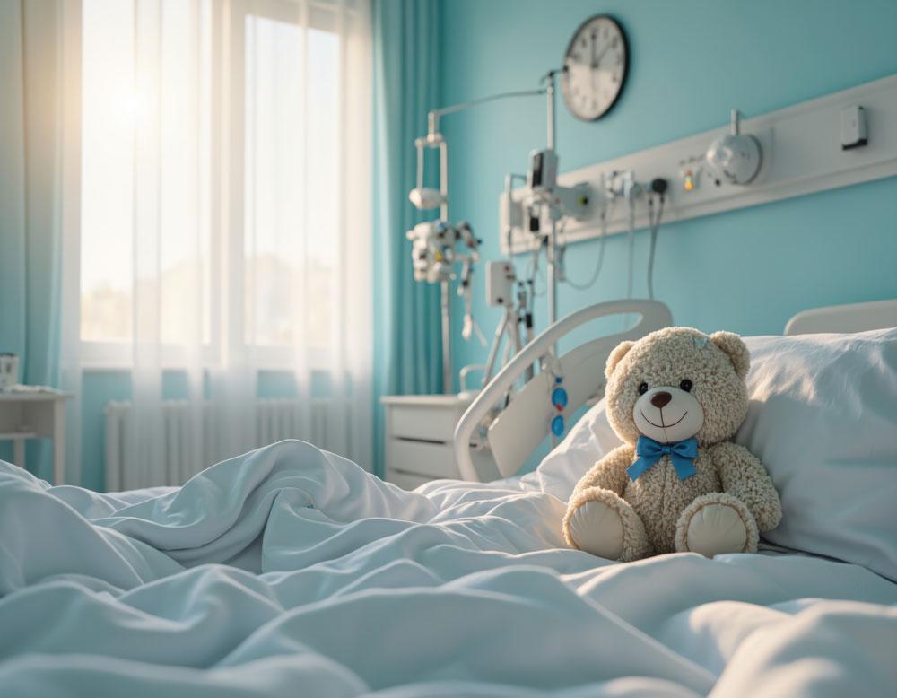 Teddy bear on children's hospital bed
