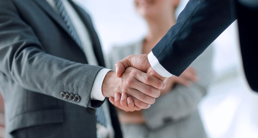 Business professionals shake hands