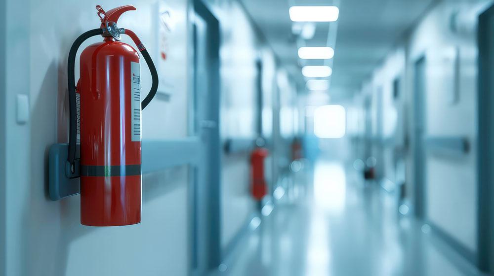 Fire extinguisher on a hospital corridor